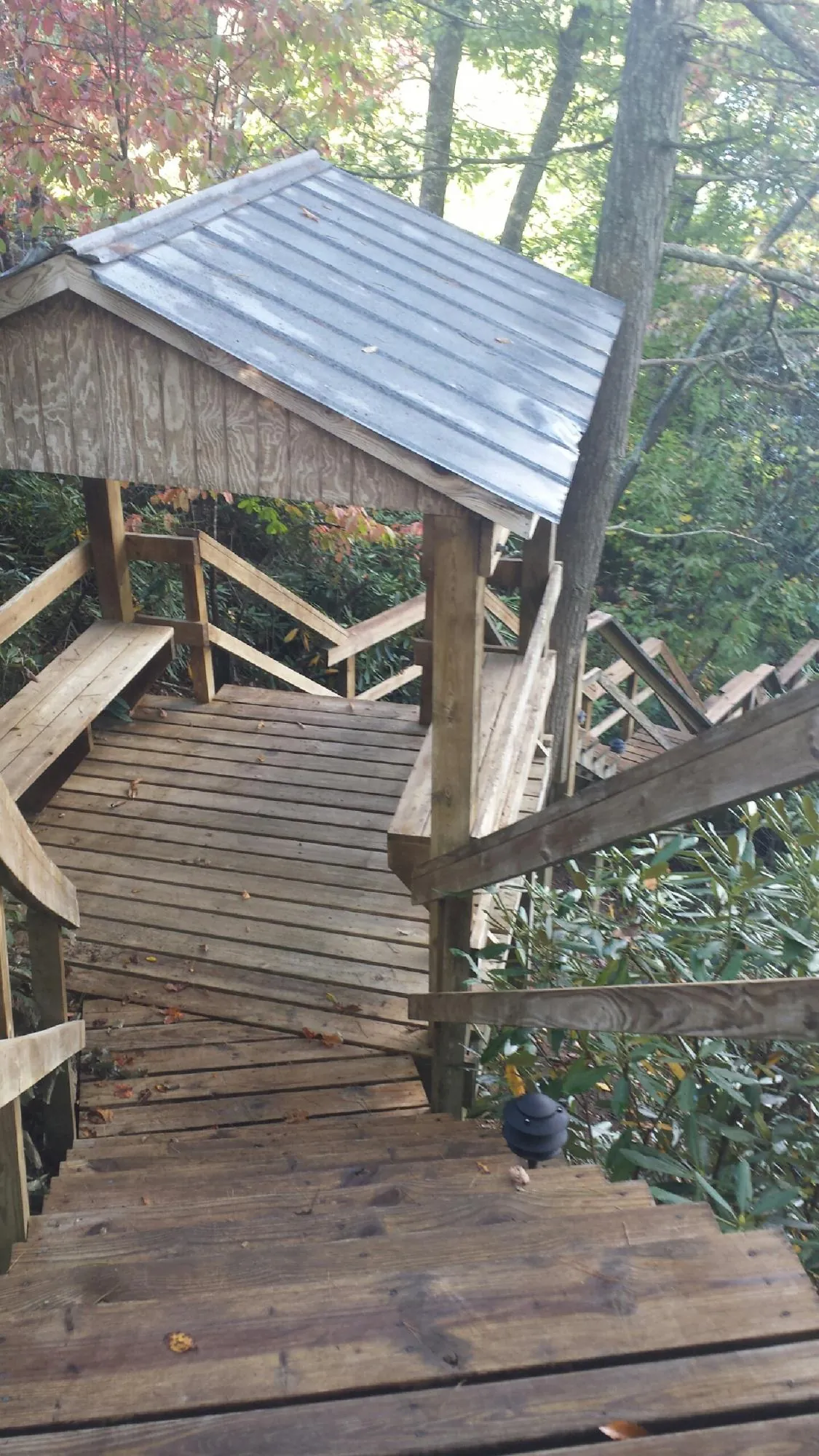 Metal roofed shelter over wooden steps on a wooded walkway — Skylight Repair & Installation work by our crew in Morse